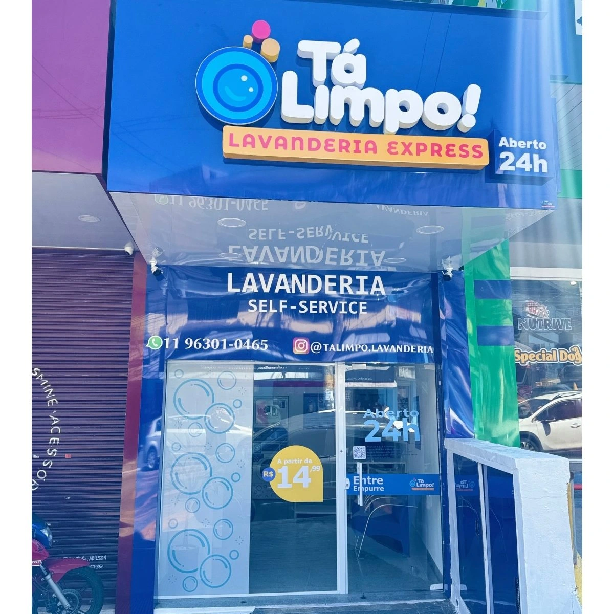 Fachada da Tá Limpo! Lavanderia Express com logo em destaque — R. São Fernando, 63, Jardim Julio, Barueri/SP