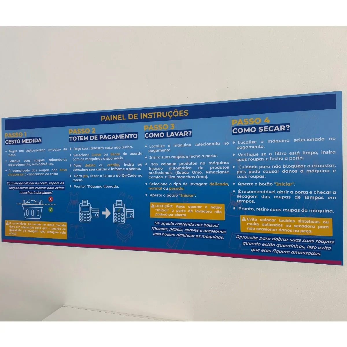 Painel de instruções passo a passo de como usar a Tá Limpo! Lavanderia Express